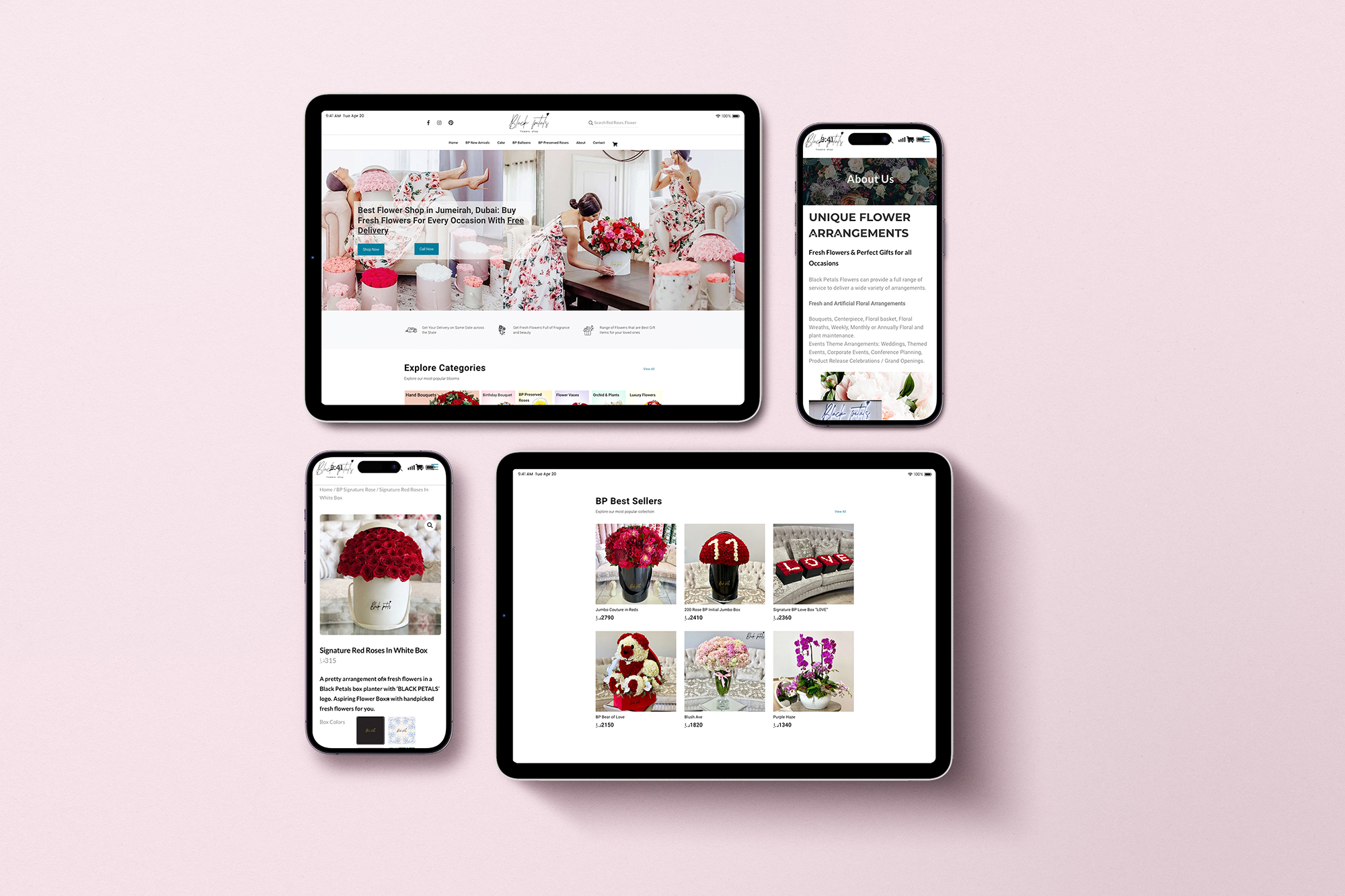 black petals flowers website mobile and tab view