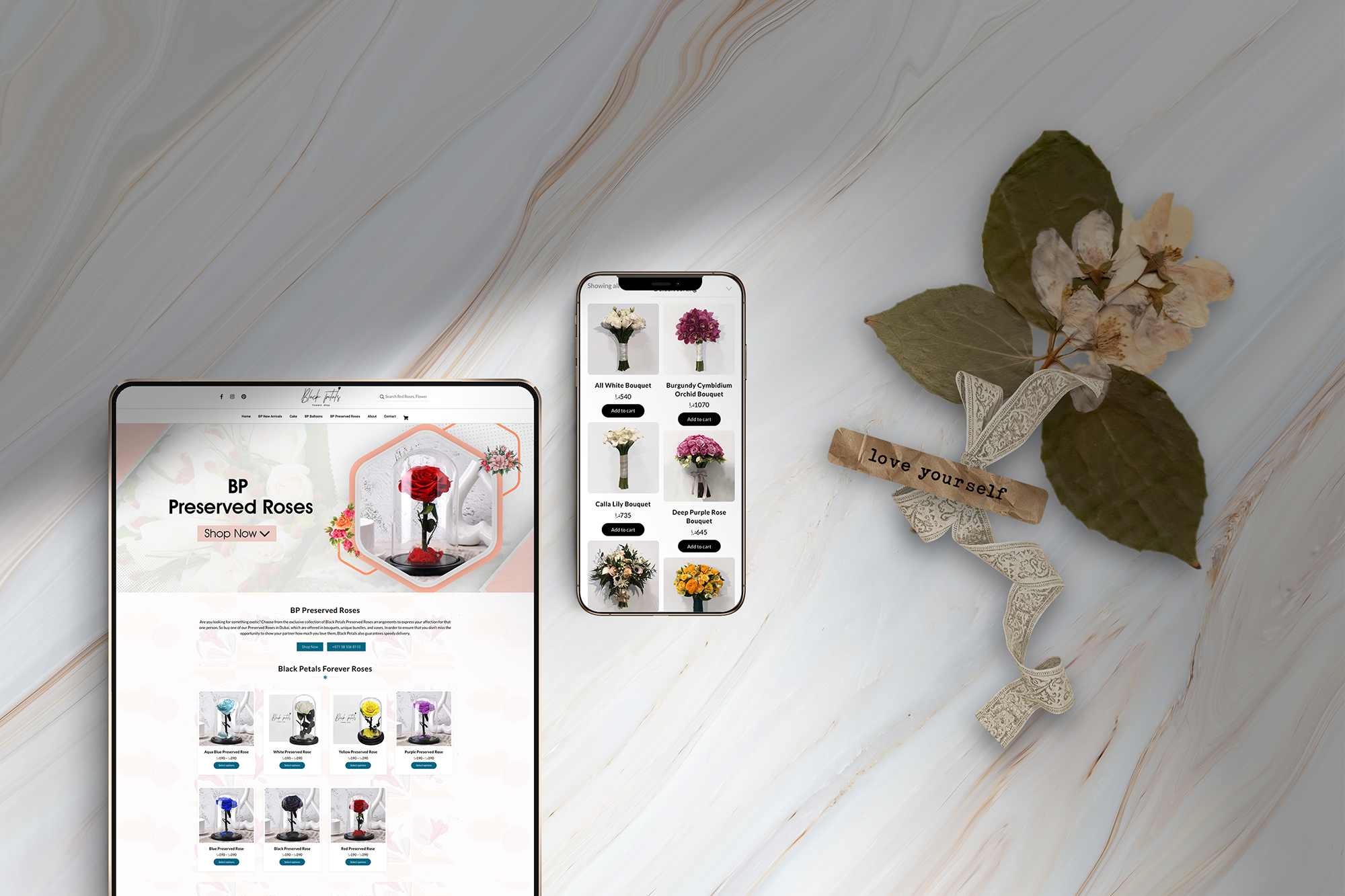 black petals flowers website mobile and tab view